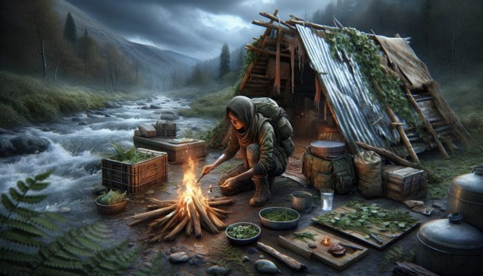 A survivor in a post-apocalyptic world starting a fire, building a shelter, and foraging for edible plants.