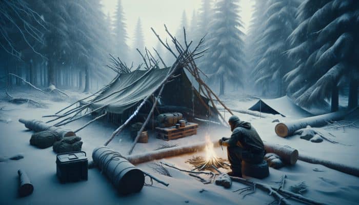 A person building a shelter from branches and tarps in a snowy wilderness, with a fire for cooking and water purification.