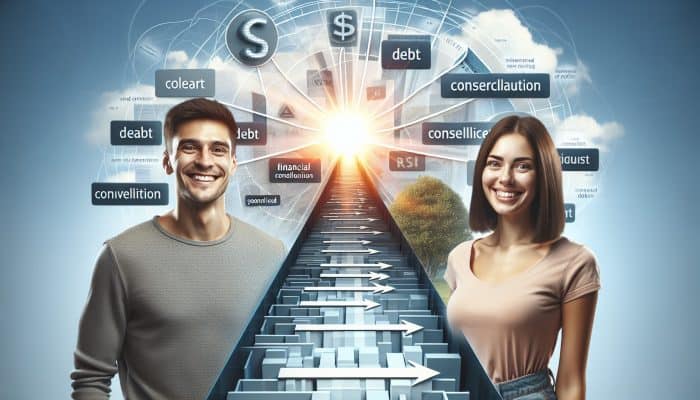 Trends in Debt Consolidation for Millennials: UK Insights | DCL A joyful millennial couple stands before a clear path symbolizing debt consolidation, with bright skies ahead.