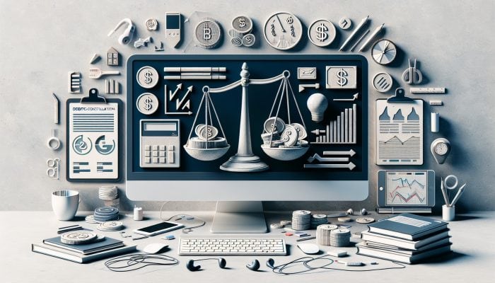 Trends in Debt Consolidation for Millennials: UK Insights | DCL A cluttered desk with a computer showing debt consolidation options, financial documents, and digital devices.