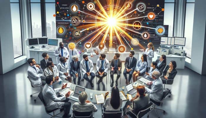 Diverse health experts discussing vitamin D blood testing in Mansfield clinic with medical charts and sunlight.