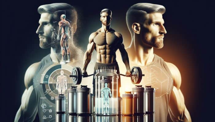 A person lifting weights in a gym, surrounded by protein shakes, with a chart showing muscle growth and improved body composition.