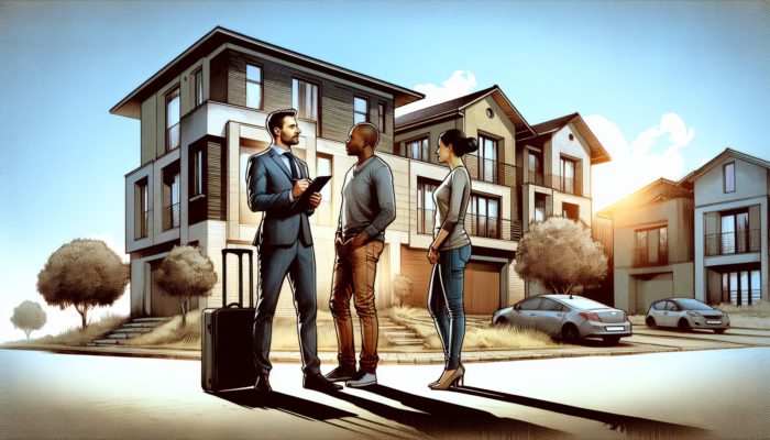 Real estate agent discussing property details with clients in front of mid-level homes in Makhanda.