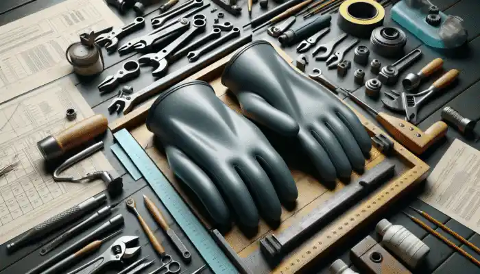 Thick heavy-duty rubber gloves on a workbench with tools and chemicals, emphasizing durability and snug fit.