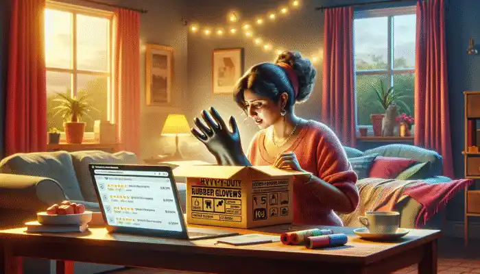 A person unboxing heavy duty rubber gloves in a cozy home, with e-commerce logos on packaging and a laptop displaying reviews.