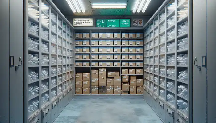 A cool, dry storage room in Norwich with organized, closed boxes of sterile latex gloves, shielded from sunlight, with expiration date labels.
