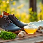 A pair of dark leather shoes, perfect for maintenance routine, sits on a wooden surface with shoe polish labeled "Xero," a cloth, a brush, and fresh green herbs. In the background, a blurred view of greenery adds to the serene setting.