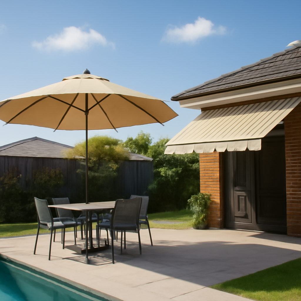 Illustration demonstrating flexible freestanding shade options like umbrellas and retractable awnings for Brisbane backyards