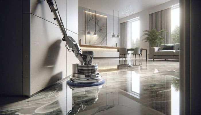 Sleek modern stone floor polisher enhancing shine of luxurious marble floor in UK home.