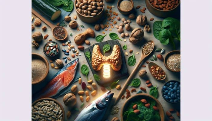 A still life of foods beneficial for thyroid health arranged around a glowing thyroid gland model.
