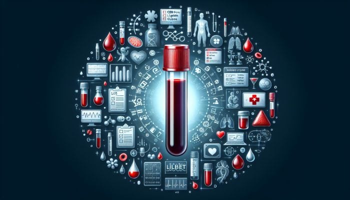 Well-Person Blood Test in Ashington: Illustration of a blood test vial with icons representing various health assessments for comprehensive screening.