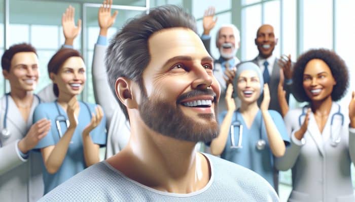 35-year-old man in Dukinfield clinic, revitalized after testosterone therapy, symbolizing successful hormone treatment.