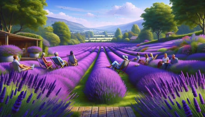 How Lavender Helps Family Sleep: A serene UK garden with vibrant purple lavender fields, enhancing relaxation and sleep.