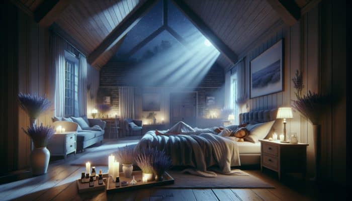 A peaceful UK bedroom at night with lavender sachets and an essential oil diffuser, family sleeping soundly.