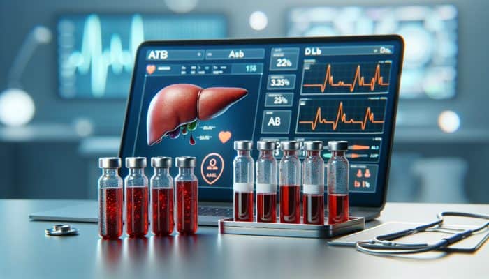Illustration of liver blood test with vials, liver, and graphs of ALT, AST, ALP, bilirubin in a lab.