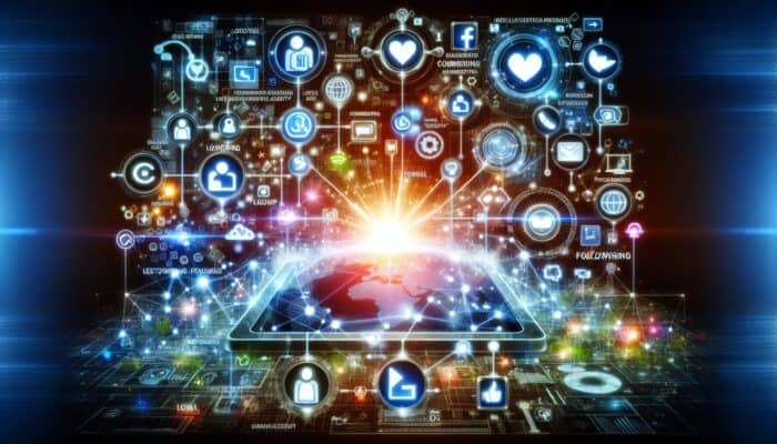 A vibrant collage of high-quality social media posts driving traffic to a glowing website, engaging new followers.