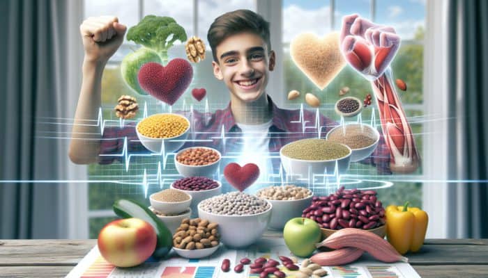 Protein for Plant-Based Teens: A colorful array of plant-based proteins nourishing a growing teenager, with health symbols.