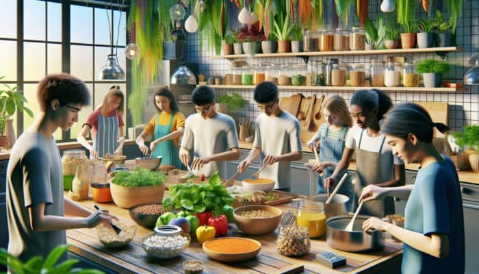 Teens in a green kitchen preparing colorful plant-based proteins, promoting sustainable eating.