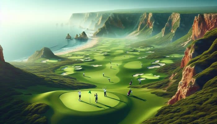 Aerial view of Pinnacle Point Golf Club's green fairways, golfers, cliffs, and ocean under a clear sky.