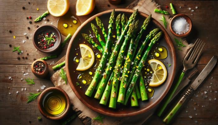 Grilled asparagus with olive oil, lemon zest, salt, and pepper on a rustic wooden table.