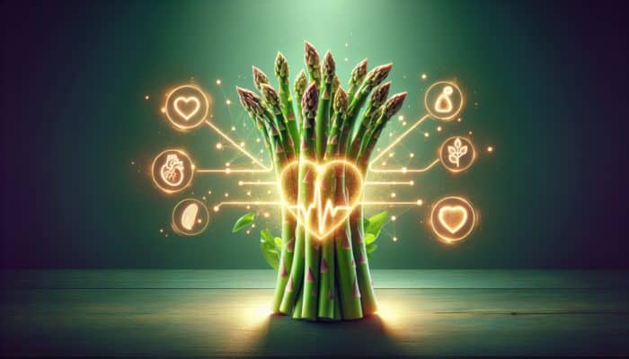 A vibrant bunch of fresh asparagus spears, symbolizing heart and digestive health, on a green background.
