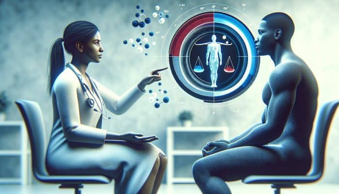 A medical chart showing ferritin test results with normal ranges for men and women, discussed by a doctor with a patient.