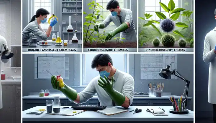 Person using latex gauntlet gloves for lab work, gardening, and food prep, demonstrating versatility and safety.