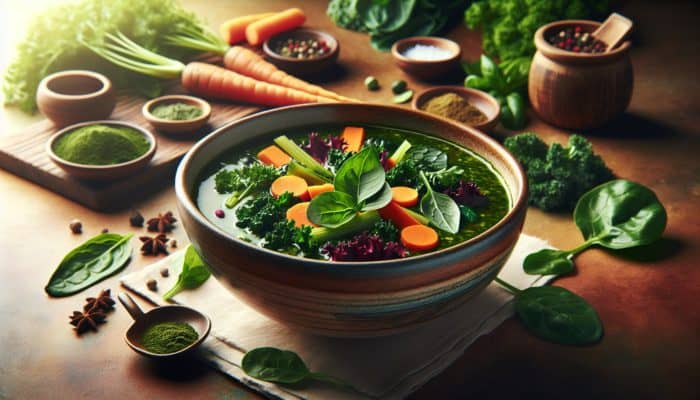 A colorful bowl of detox soup with spinach, carrots, kale, cilantro, and spices.