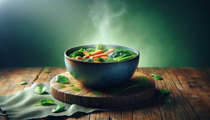 A steaming bowl of colorful detox soup with carrots, spinach, kale, and herbs on a rustic wooden table.
