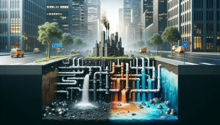 Backflow Testing Services in Kitsilano Vancouver: Cross-section of contaminated plumbing system in Kitsilano, Vancouver, showing backflow of polluted water into clean pipes, endangering public health.