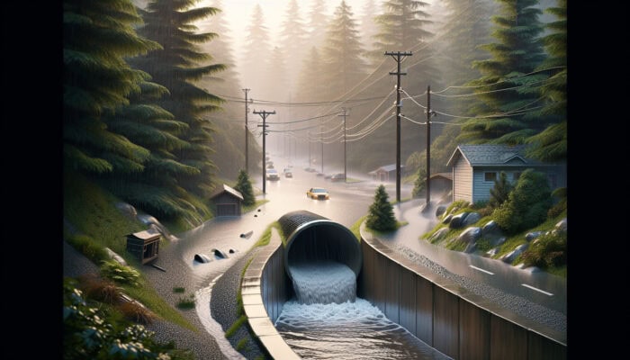 A well-maintained catch basin in Port Moody, channeling heavy rain away from roads and properties during a storm.
