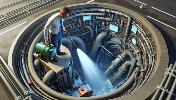 A professional clearing a catch basin using high-pressure jets, vacuum trucks, and inspection cameras.