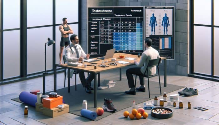 Person in Portsmouth discussing testosterone results with healthcare professional, reviewing charts and considering lifestyle and medical options.