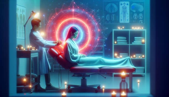 Person receiving dry needling therapy with decreasing stress hormone levels, transitioning from red to green aura.