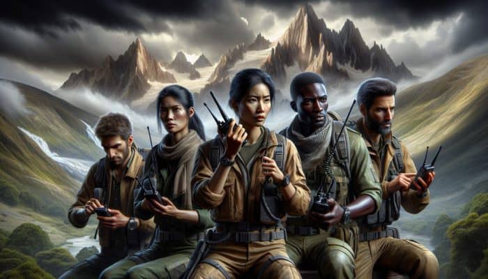 Survival Group Coordination: A diverse survival group using radios and hand signals in a wilderness setting with mountains and an approaching storm.