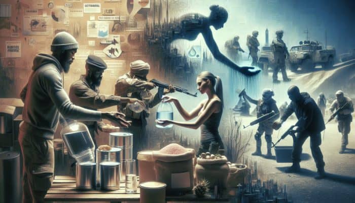 A diverse survival group managing resources in a post-apocalyptic setting for sustainability and fairness.