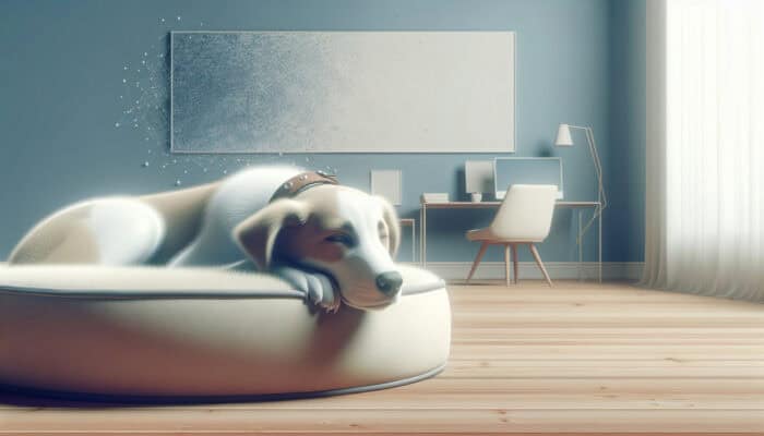 A serene pet with a calming collar on a cozy bed in a tranquil, softly lit room.