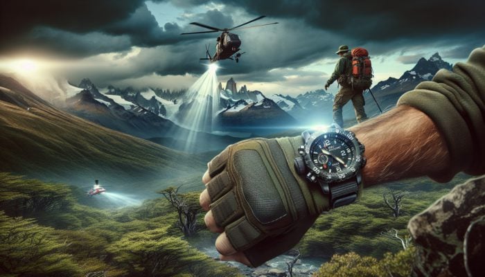 A survival watch on a hiker's wrist in Patagonia, emitting an SOS signal with rescue helicopters approaching.