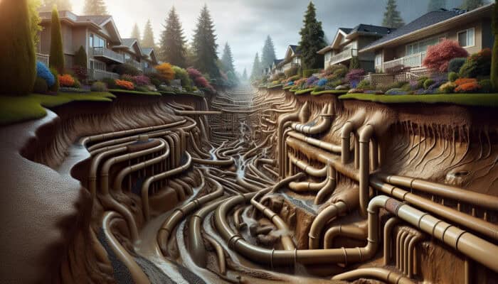 Detailed drainage system in Burnaby managing runoff on sloped, clay-soil property during heavy rainfall, designed by local experts.