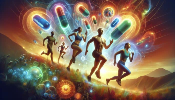Athletes running uphill with glowing capsules, symbolizing enhanced VO2 max.