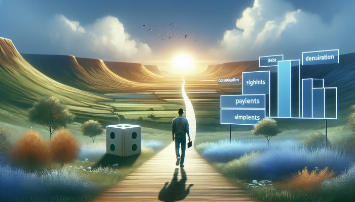 A person walking a clear path in a serene UK landscape, holding a key, symbolizing debt consolidation and financial recovery.