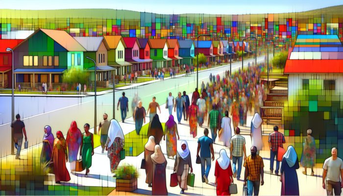 A bustling Giyani town scene with new housing, modern infrastructure, and diverse crowd symbolizing growth and development.