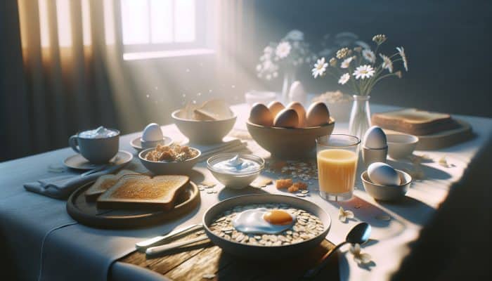 A serene breakfast table with oats, toast, eggs, and yogurt in soft morning light, symbolizing nutrient timing for grief management.