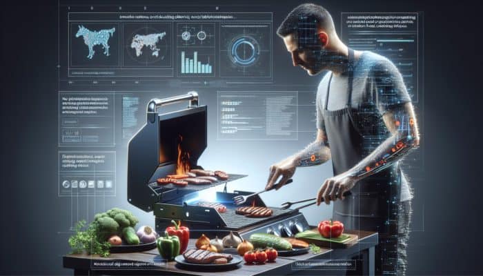 A person grilling meats and vegetables on a modern barbecue, adjusting burners and using indirect heat.