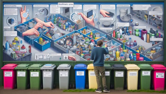 Person sorting household items into labeled bins at a UK recycling center, with waste management signs in background.