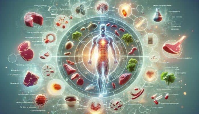 Diagram showing ferritin's impact on health and icons of iron-rich foods.