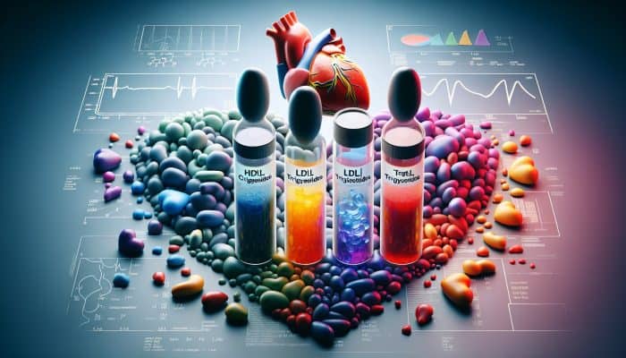 Cholesterol Blood Test in Slough: Illustration of cholesterol blood test vials labeled HDL, LDL, triglycerides, with a heart background.