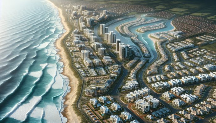 Aerial view of Umhlanga's coastline with luxurious entry-level homes near key amenities, reflecting high demand.