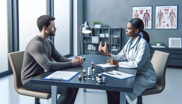 Person discussing medications with doctor in clinic, preparing for thyroid blood test.