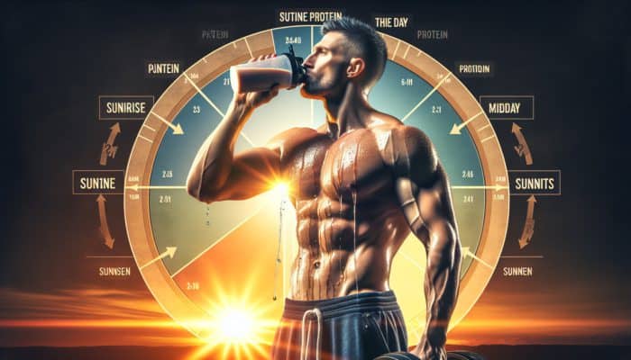 Person drinking protein shake post-workout, timeline showing optimal protein intake intervals for muscle recovery and growth.